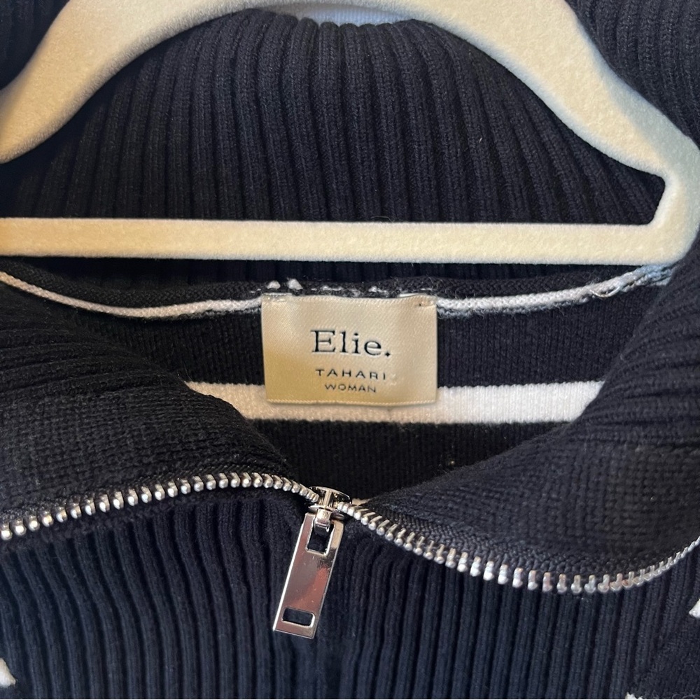Elie Tahari pullover sweater XL Black white striped Heavy knit 1/4 zip Womens - Picture 4 of 8